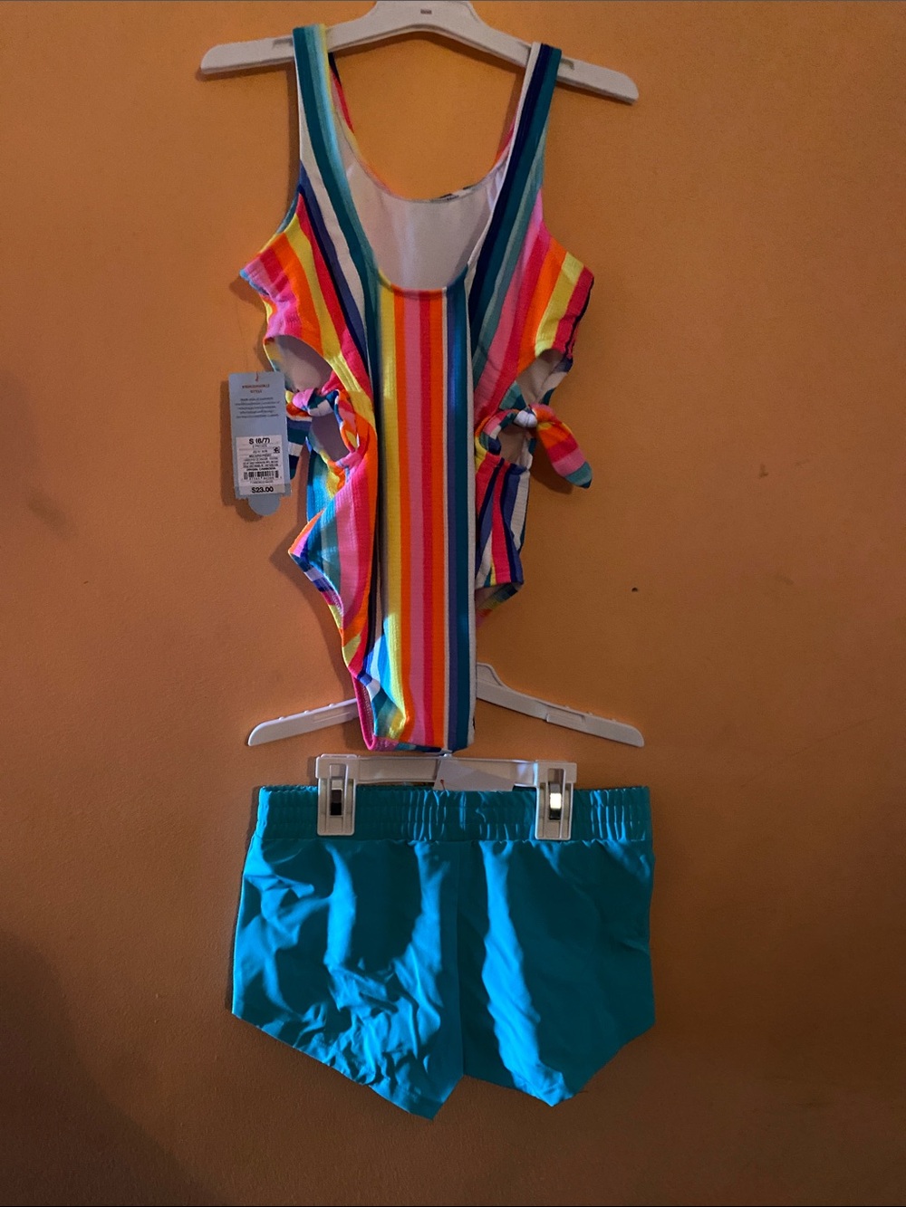 Target Rainbow Stripe One-Piece Swimsuit with Teal Shorts - Picture 2 of 3